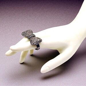 Dazzling Gunmetal and Marcasite Bow Two Finger Adjustable Ring